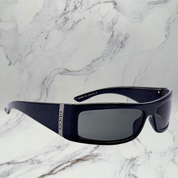 GUCCI Sunglasses New Black Wrap Square Acetate Fashion Show Rectangle Metal Logo - Picture 1 of 13